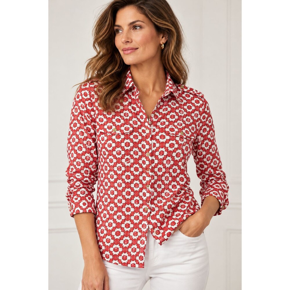 Tory Burch Blouse Size 10 Red White Geometric Print Button Down Preppy Designer